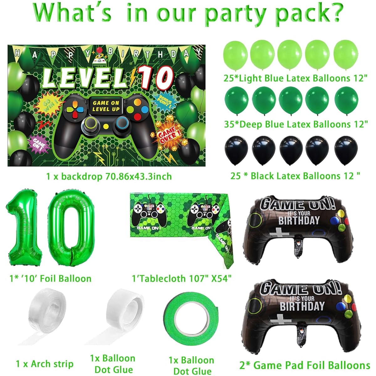 Vlipoeasn 90pcs 10th Birthday Video Game Party Decorations Set,Green 10th Birthday Supplies,10th Video Game Backdrop,Balloons,Tablecloth,Gamer Foil Balloons for 10th Birthday Party