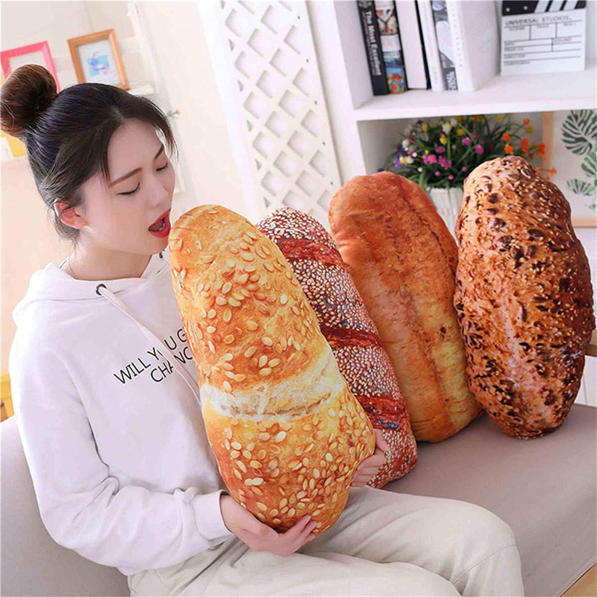 Bread Shaped Pillow 19.6 Inch 3D Simulation Soft Back Cushion Funny Food Plush Butter Toast Bread Loaf Pillow Home Decoration Valentine Gift (Sesame Floss)