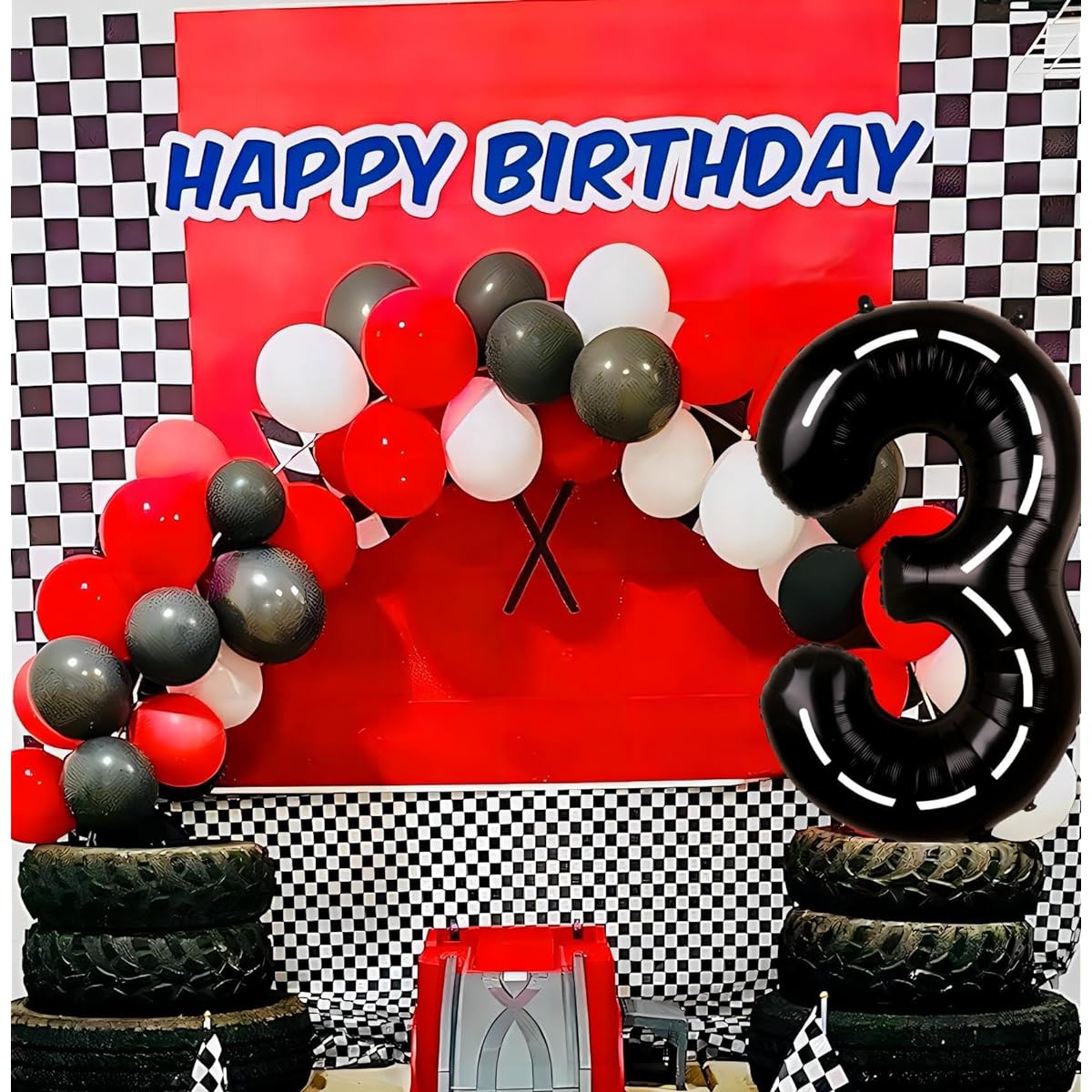 Race Car Birthday Balloons Number 3 - 40" Big Foil Mylar Race Track Black 3 Number Balloons for Boys 3rd Birthday Party Decorations Race Car Theme Party Supplies Anniversary Celebration Decor