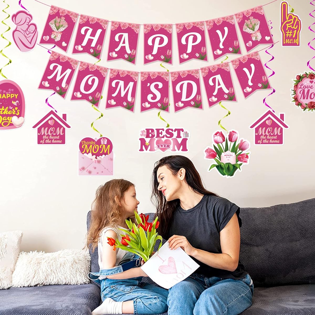 Mother's Day Decorations Happy Mom's Day Banner Mother's Day Hanging Swirl Decorations Mother's Day Banners Outdoor Banners Mother's Day Party Decoration Supplies