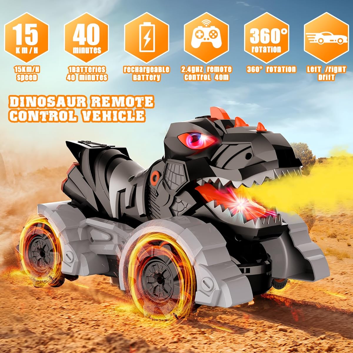 Aero Quest RC Dinosaur Car Toys for Kids Boys, 2.4Ghz 1:14 Remote Control Dinosaur Truck Toy for Boys Age 6-12, 360 Degree Rotation Rechargeable RC Car with Lights & Sounds Spray