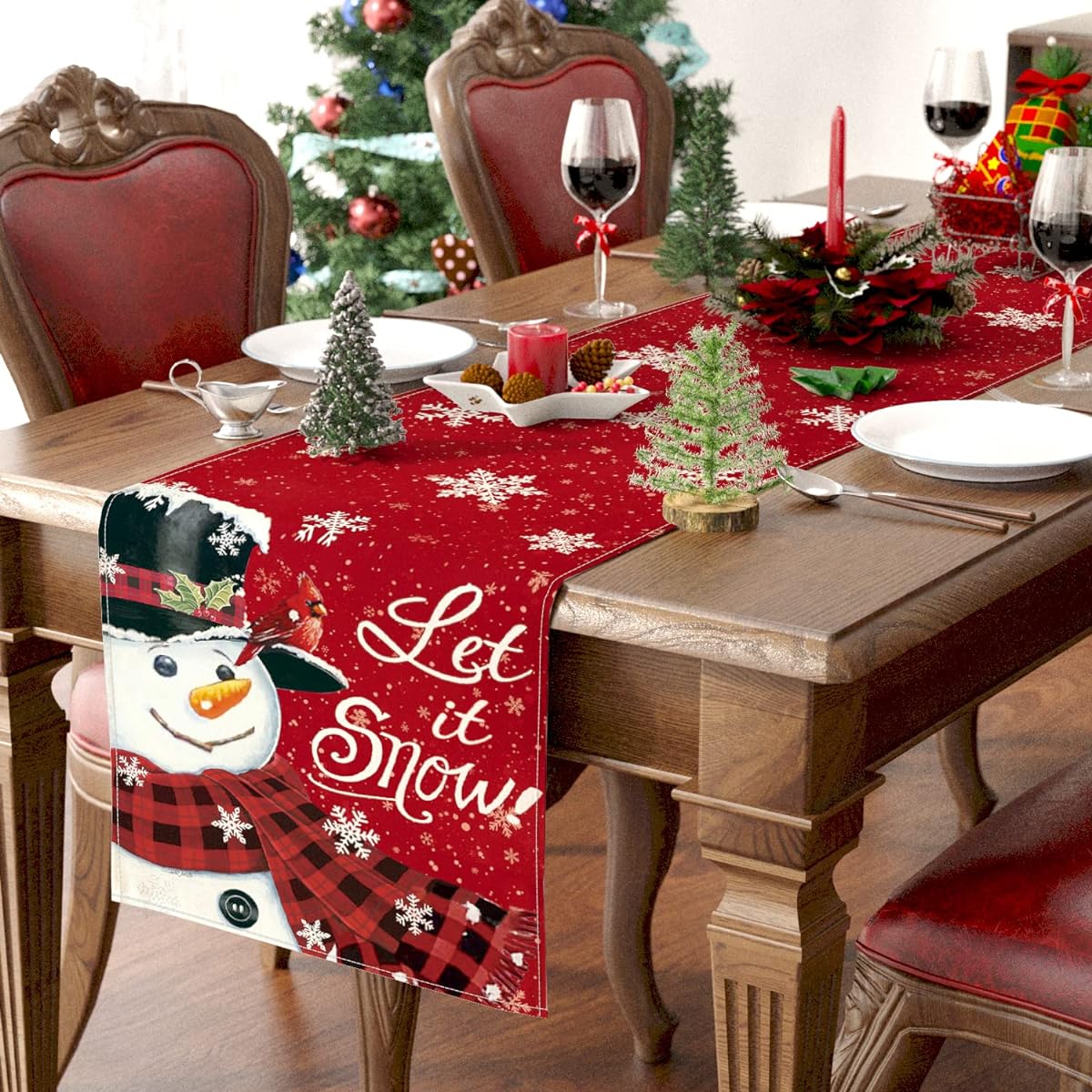 Siilues Winter Table Runner Snowman Buffalo Check Winter Decor Snowflake Winter Runner for Table Seasonal Winter Decor Indoor Outdoor Dining Table Decor (13" x 48")