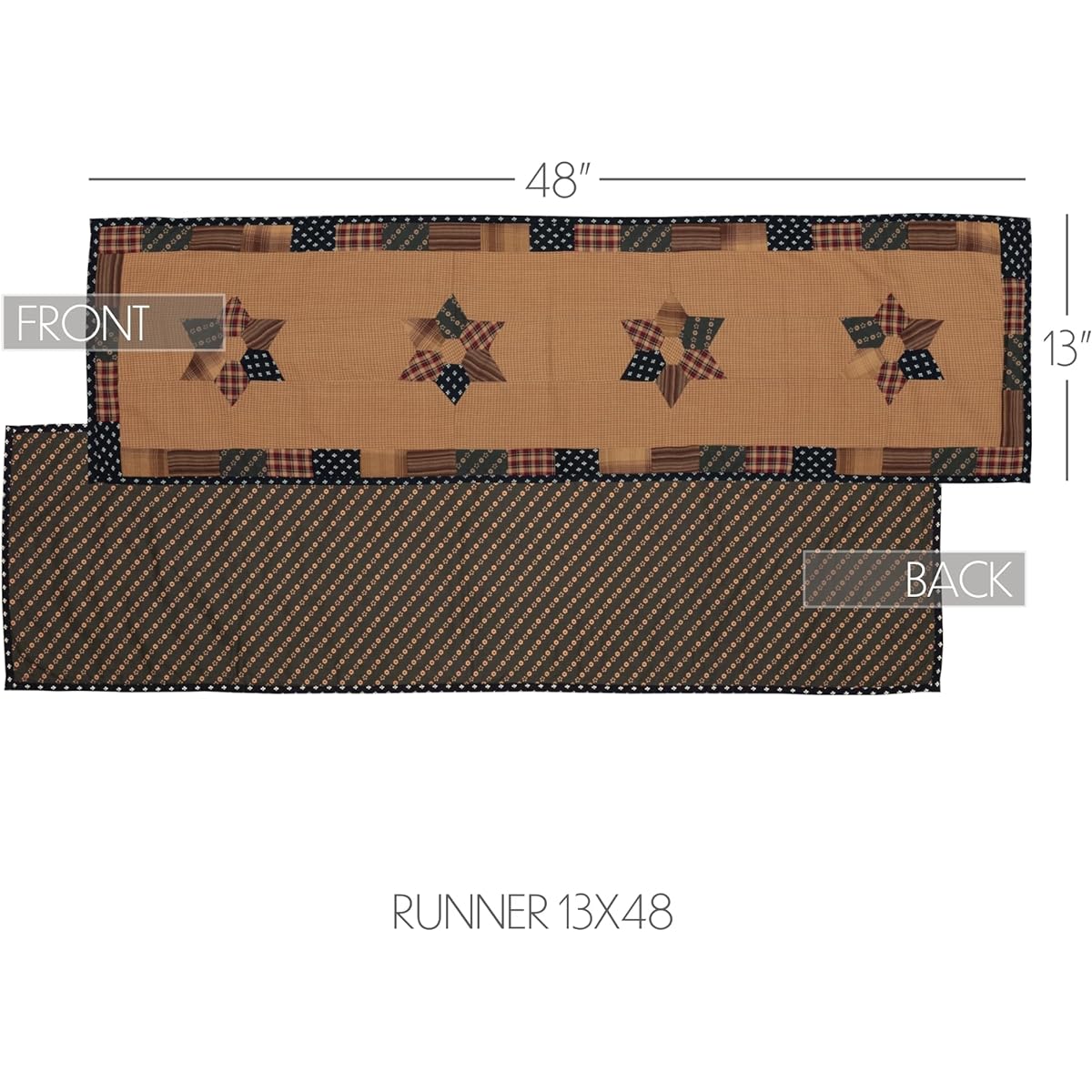 VHC Brands Primitive Tabletop Kitchen Patriotic Patch Cotton Patchwork Star Rectangle 13x48 Runner, Deep Red