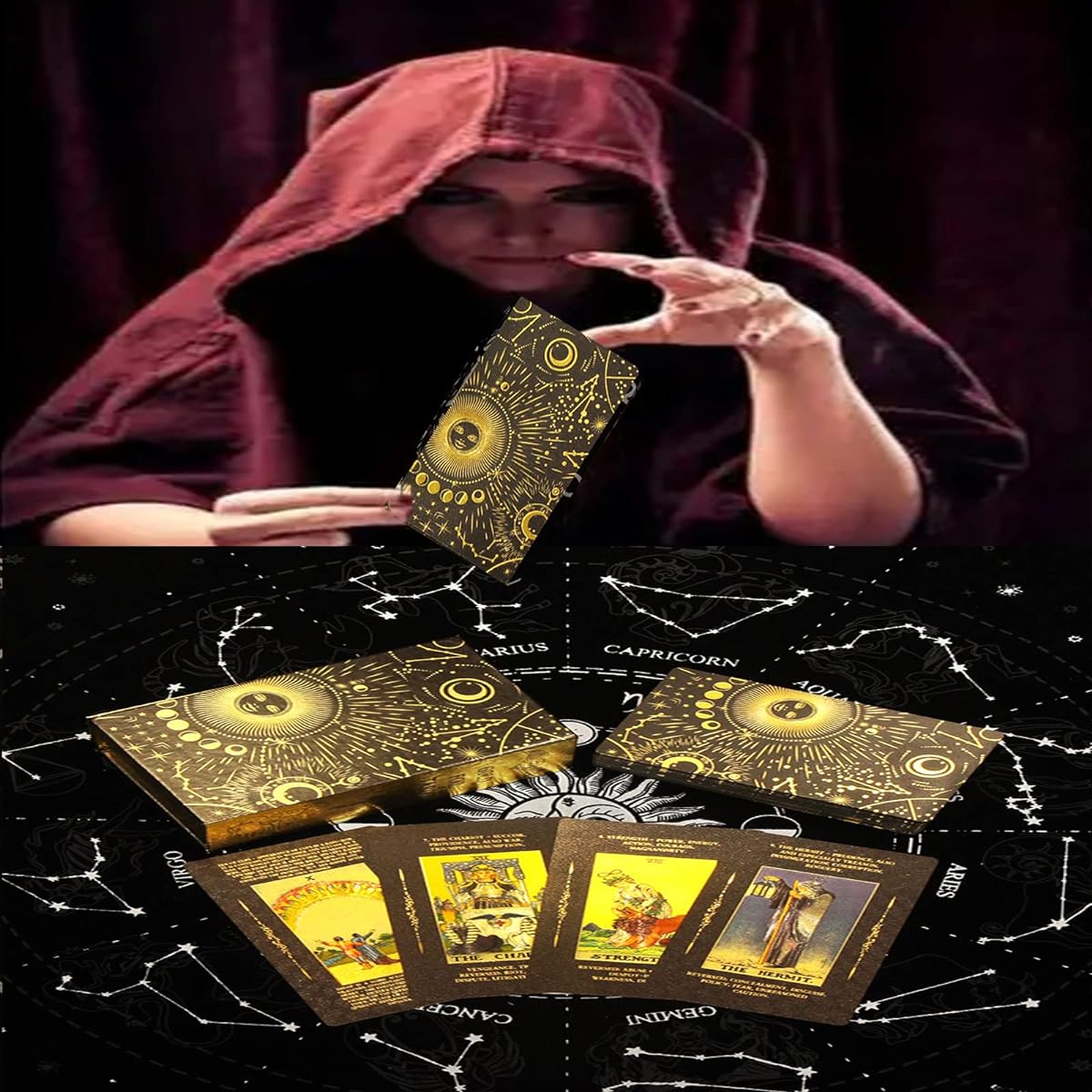 ALVBELLS Tarot Cards with Guidebook for Beginners Waterproof Black Gold Foil Anti-Wrinkle PVC Holographic Tarot Card Deck with Guidebook and Tarot Box for Fortune Telling Players (Black Gold, Retro Box)