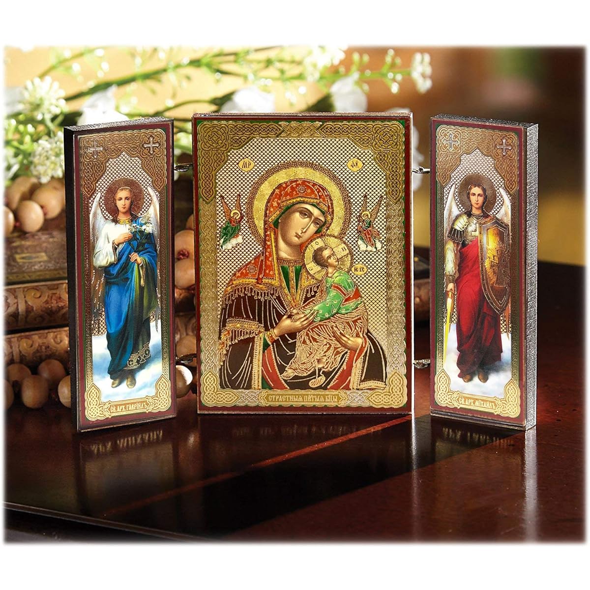 Needzo Our Lady of Perpetual Help Icon Christ Triptych Archangels Michael and Gabriel 3 3/8"