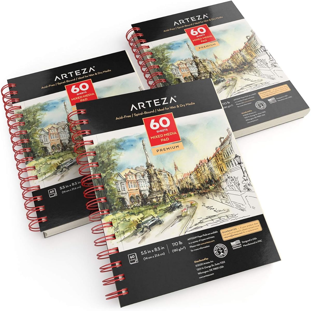 Arteza 5.5x8.5" Mixed Media Sketchbooks, 3 Pack, 120 Sheets (60 per Book), 110lb/180gsm, (Acid-Free, Micro-Perforated), Spiral-Bound Pad, Perfect for Wet and Dry Media, Sketching, Drawing, Painting