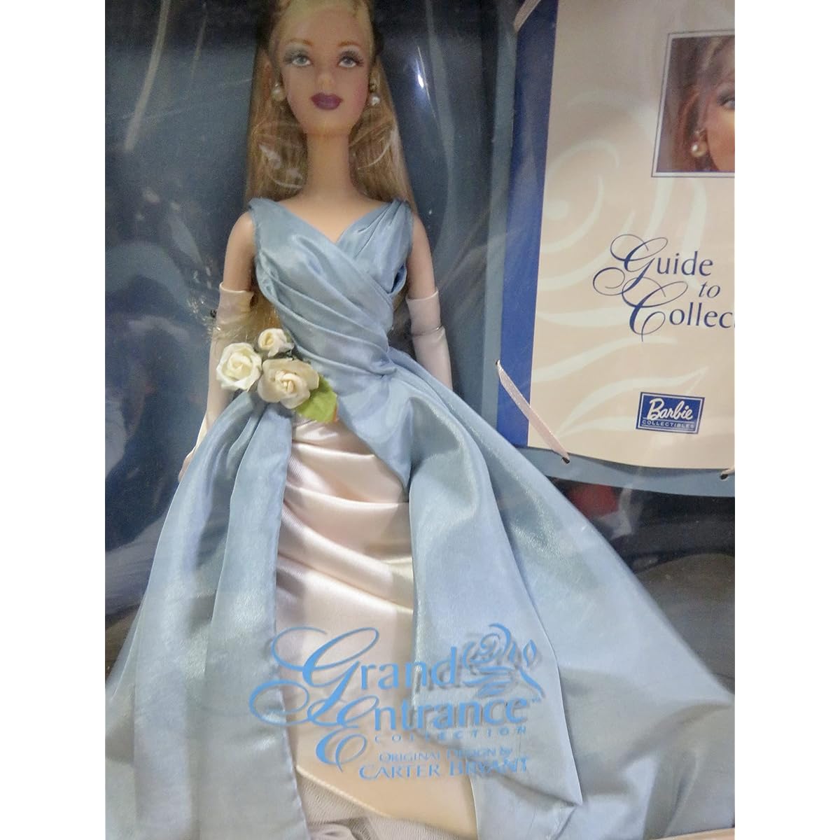 MATTEL BARBIE blonde doll grand entrance collection original design by CARTER BRYANT - ELLEGANTE BLUE AND WHITE DRESS - + guide to collection - 2000