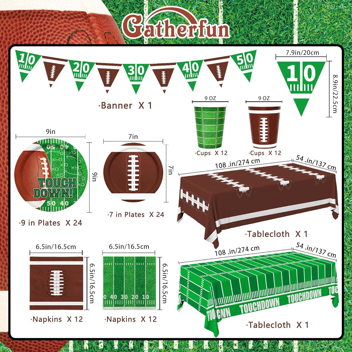 Football Party Supplies Kit - 24 Dinner Plates, Dessert Plates, Napkins, Cups, Banner and Touchdown Tablecloth - Football Birthday Party, Football Game Day Tailgate Party Decorations