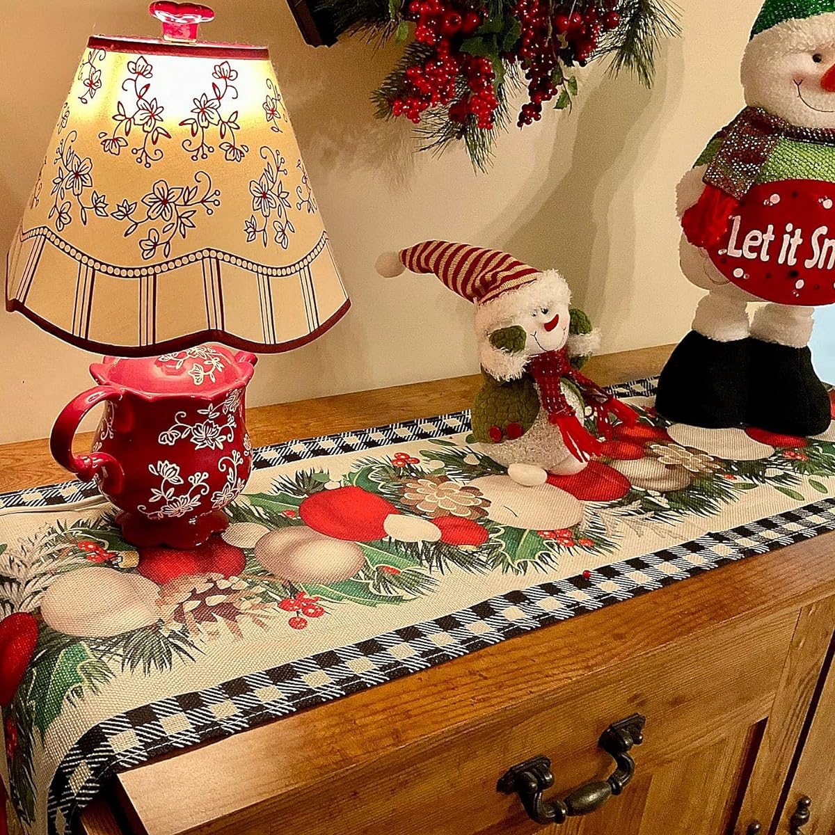 Ajmyonsp 72" Christmas Table Runner Linen Black and White Buffalo Check Plaid Christmas Ball Winter Table Runner Christmas Farmhouse Party Decorations Holiday Home Kitchen Dining Room Decor