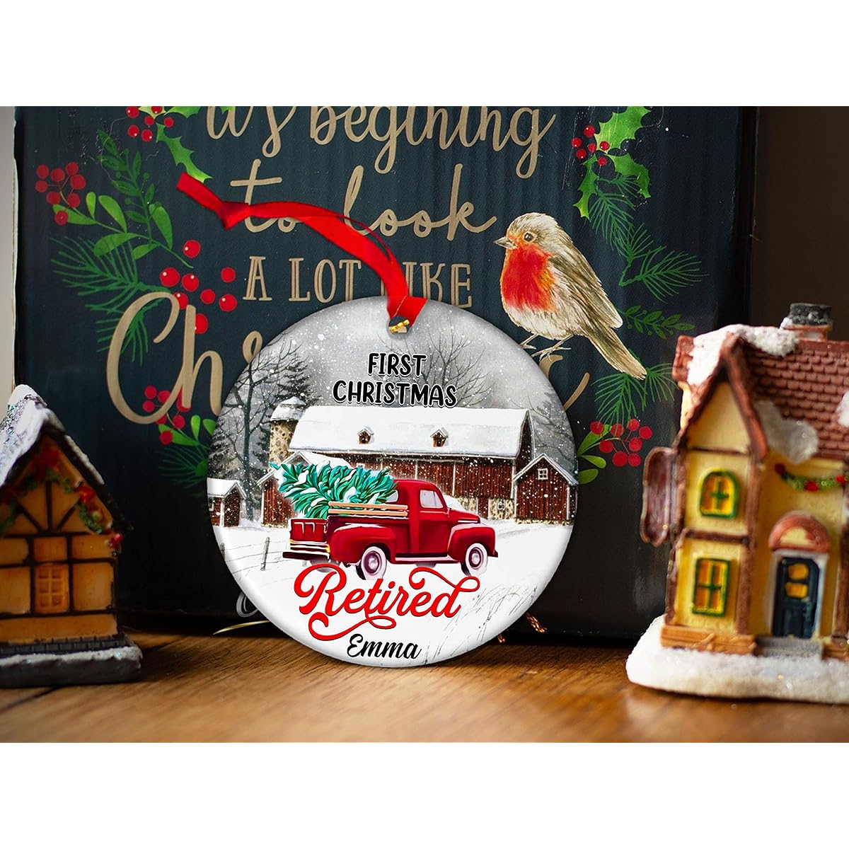 Prezzy Retirement Christmas Ornament 2022 First Christmas Retirement Keepsake Gift for Men Women Friends Coworkers Custom Christmas Tree Hanging Ornament Round Ceramic Circle 3"