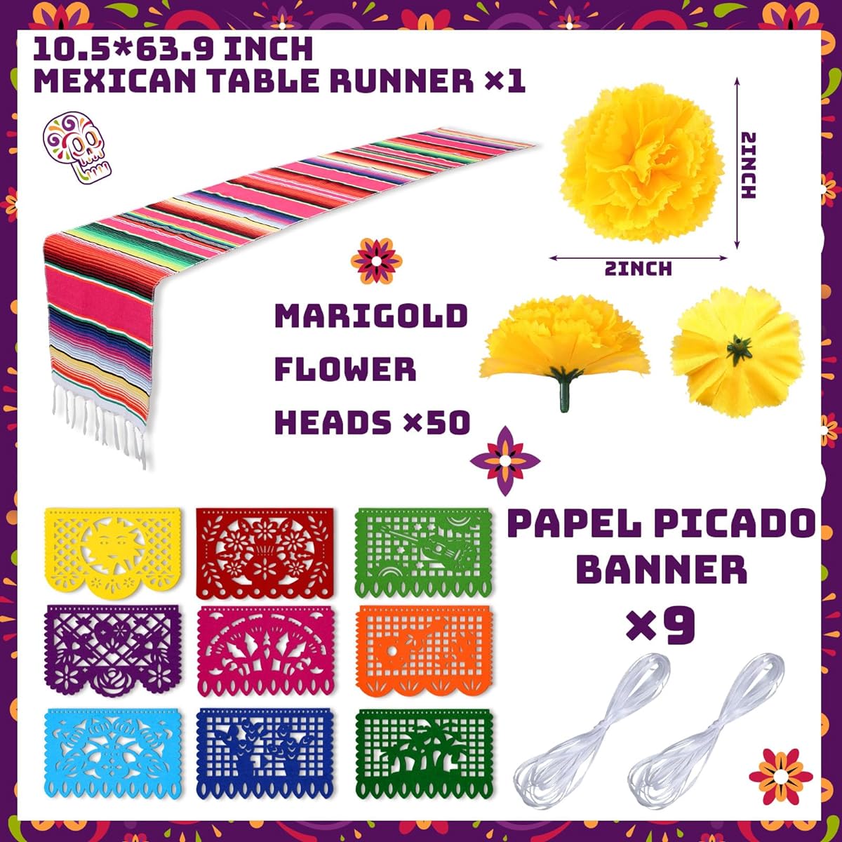 Marigold Flower Heads Large Set for Day of the Dead Decorations Altar De Ofrendas Dia de Muertos Decor 9pcs Mexican Papel Picado 1pc Mexican Table Runner Supplies
