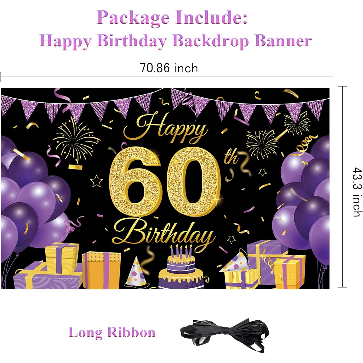 Wiipenex 60th Birthday Backdrop Banner 70.8" x 43.3" Purple Black 60th Birthday Decorations Cheers to 60 Balloons Backdrop Party Supplies Birthday Garden Sign Poster Photo Booth Props
