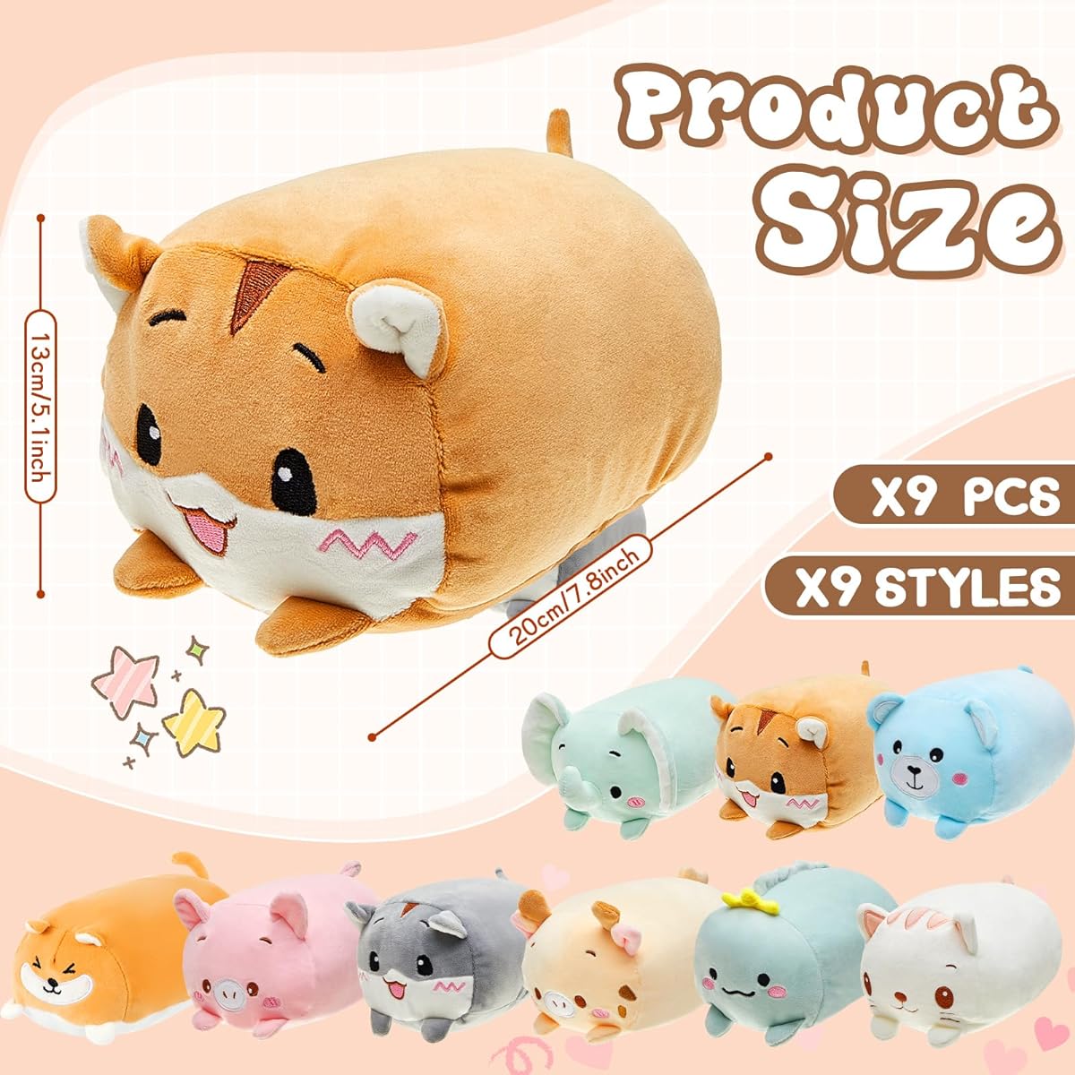 9 Piece Plush Toy Set 8 Inch Elephant Deer Hamster Panda Pig Dinosaur Stuffed Animals Cuddly Cute Huggable Cuddly Toys for Boys Girls Bedding Kids Sleeping 9 Different Styles