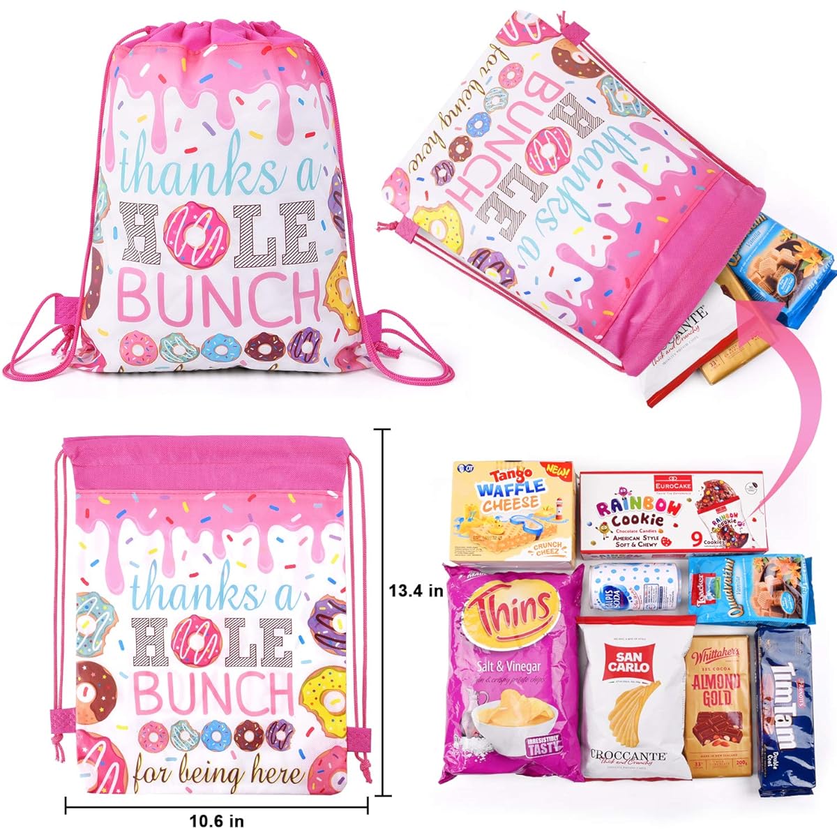 TMCCE Donut Birthday Party Supplies, Donut Gugs Gifts, Delicious Bags, Drawstring Bags for Donut Theme Birthday Party Decorations, Set of 12