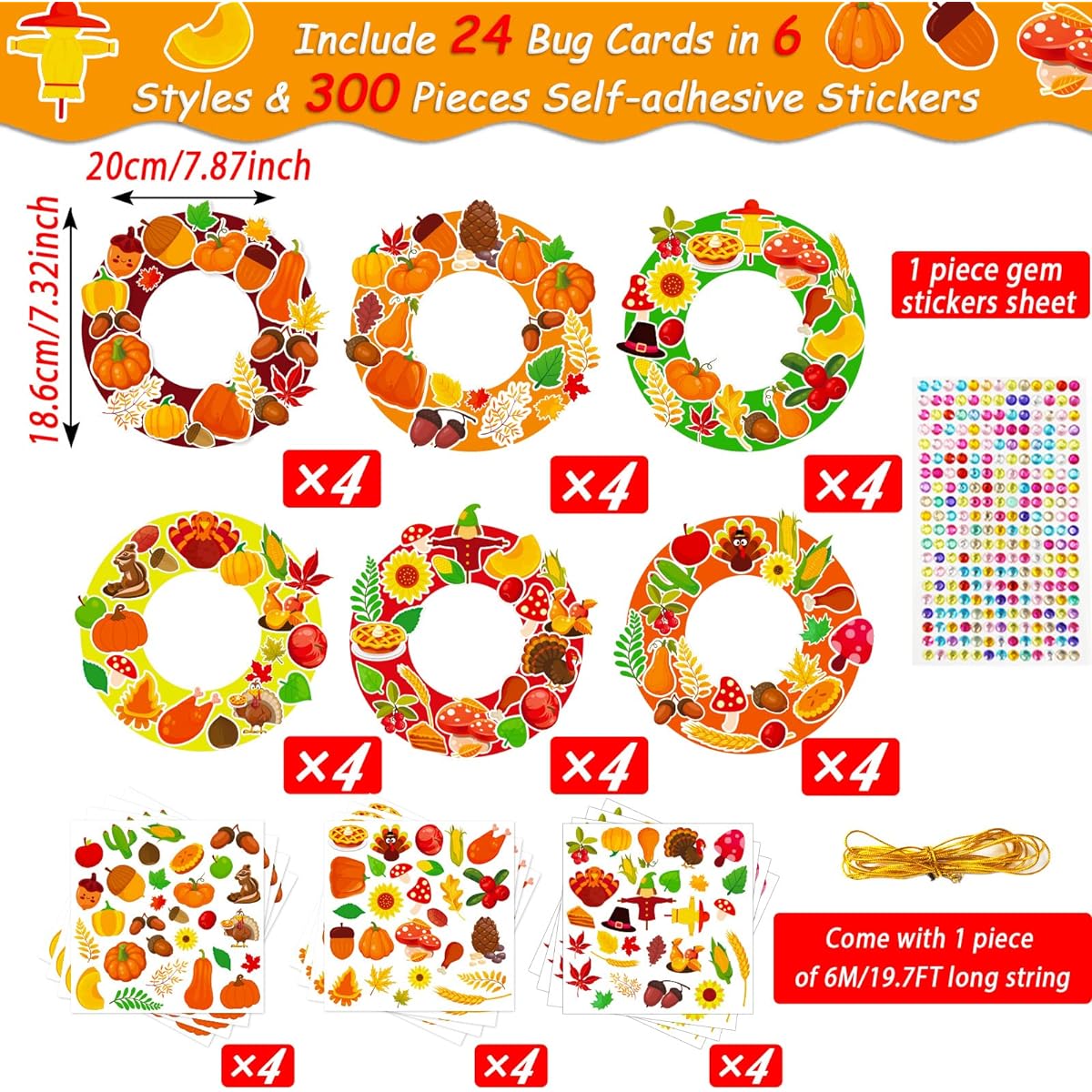 24 Sets Kids Thanksgiving Fall Craft Kit for Preschoolers DIY Wreath Game Fall Paper Art Crafts with Pumpkin Maple Leaf Turkey Stickers for Home Classroom Indoor Kids Activities