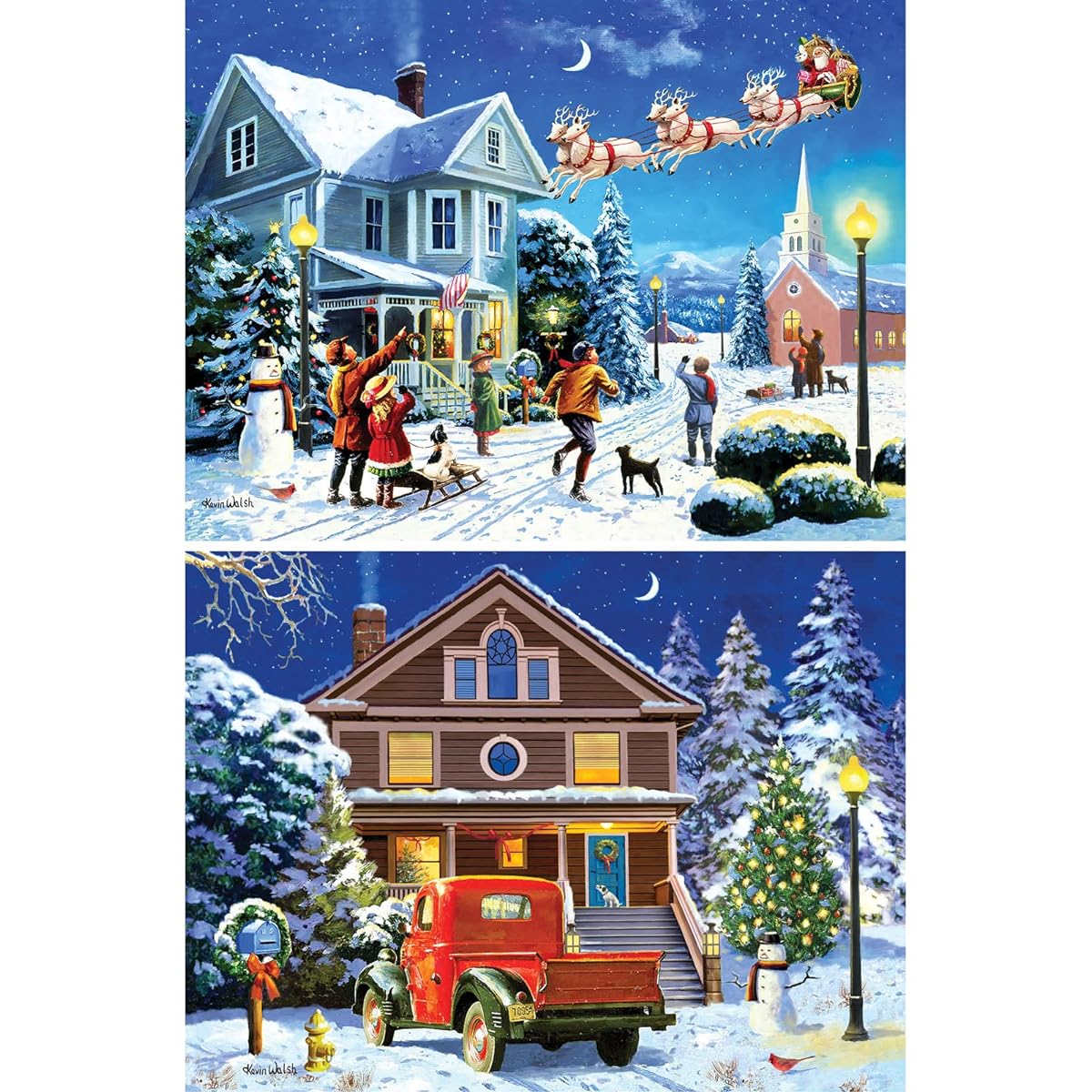 Bits and Pieces - Great Value 2 Pack 1000 Piece Jigsaw Puzzle for Adults - Puzzle Dimensions 20" x 27" - 1000 Piece Santa's Here, Christmas Night - Holidays, Reindeer - Jigsaw Puzzle - By Artist Kevin Walsh