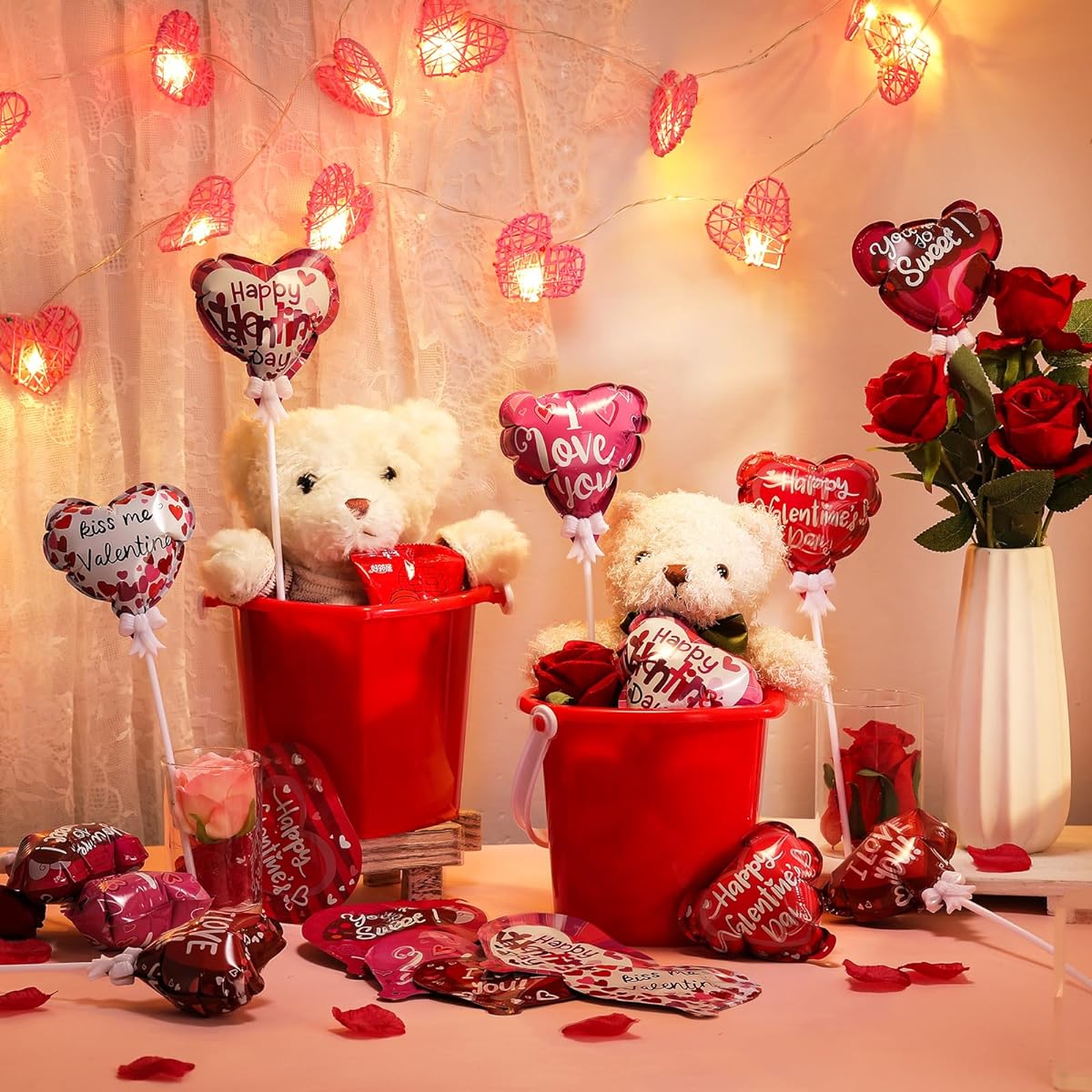 Gemscream 24pcs Valentine's Day 4 Inch Self-Inflating I Love You Balloons Self-Inflating Valentine's Day Heart Balloon with Ribbon Mini Balloon with Stick Wedding Birthday Party Supplies