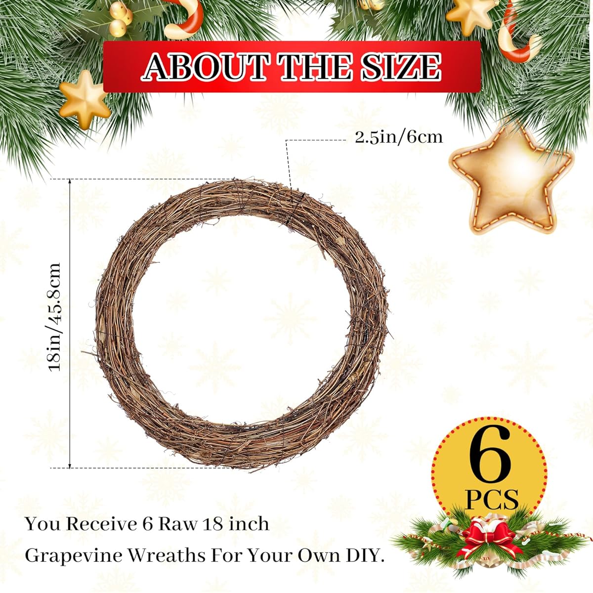 Suzile 6pcs Christmas Grape Leaves Round Bulk Grape Wreath for Crafts, Grape Vine Wreath Base Wreath Frame Ring Sticks Twigs Wreath Rings DIY Craft Front Door Decorations (18 inch)