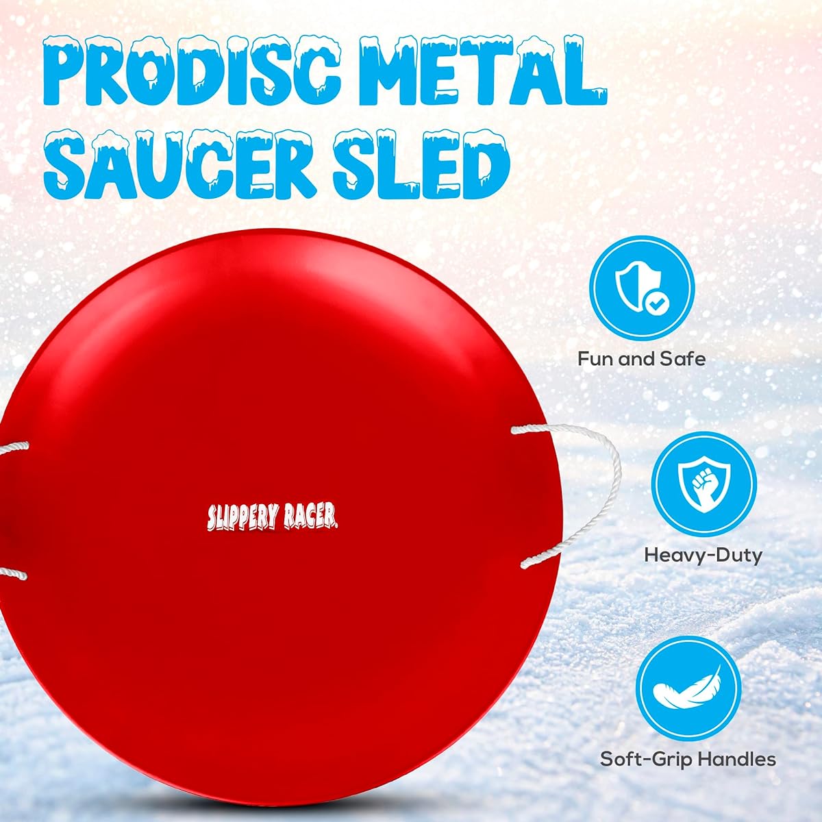Slippery Racer ProDisc 26" Heavy Duty Aluminum Ferro Alloy Metal Kids Winter Saucer Snow Sled with Rivets and Soft Grip Rope Handle