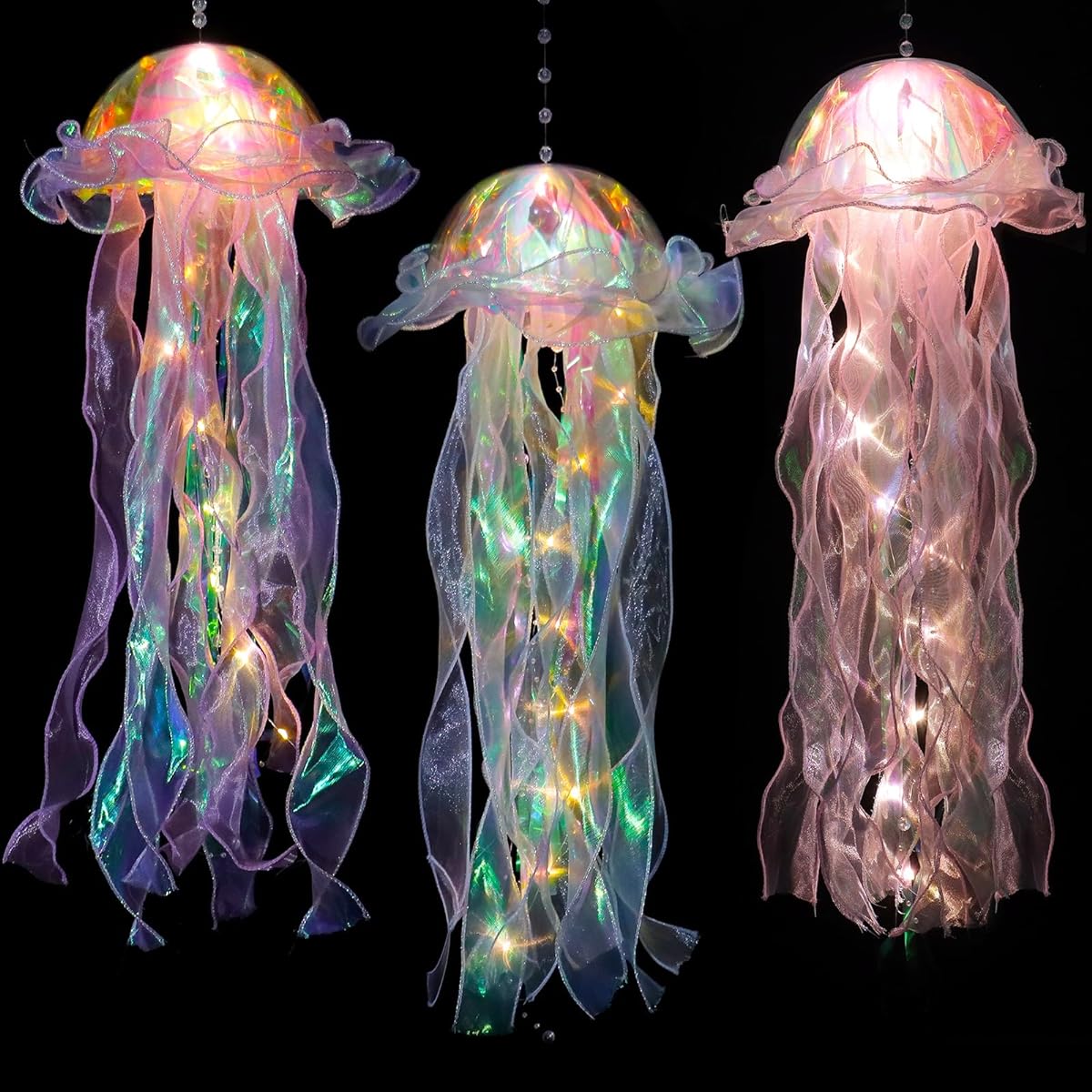ASTNIC Glitter Iridescent Jellyfish Hanging Decorations Blue Purple Jellyfish Kit Under the Sea Little Mermaid Party Decorations Jellyfish Decor Sea Birthday (3 Pieces)