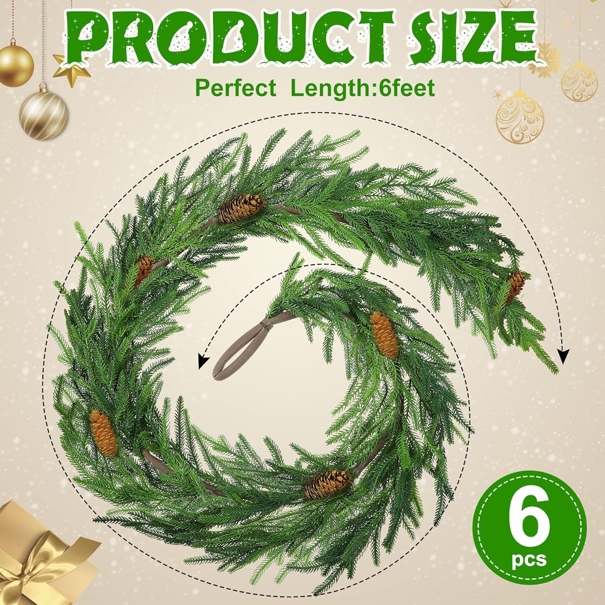 Jutom 6ft Norfolk Pine Garland Artificial Pine Green Garland with Pinecones Christmas Norfolk Pine Garland Christmas Garland Cedar Garland Winter Garland for Seasonal Indoor Home Decor (6)