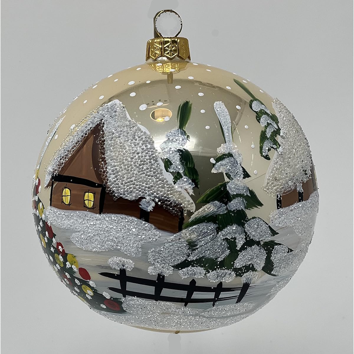 Polish Gallery Christmas Ornaments Winter Cottage Blown Glass Ball 5" (Champagne Polish, 120mm)