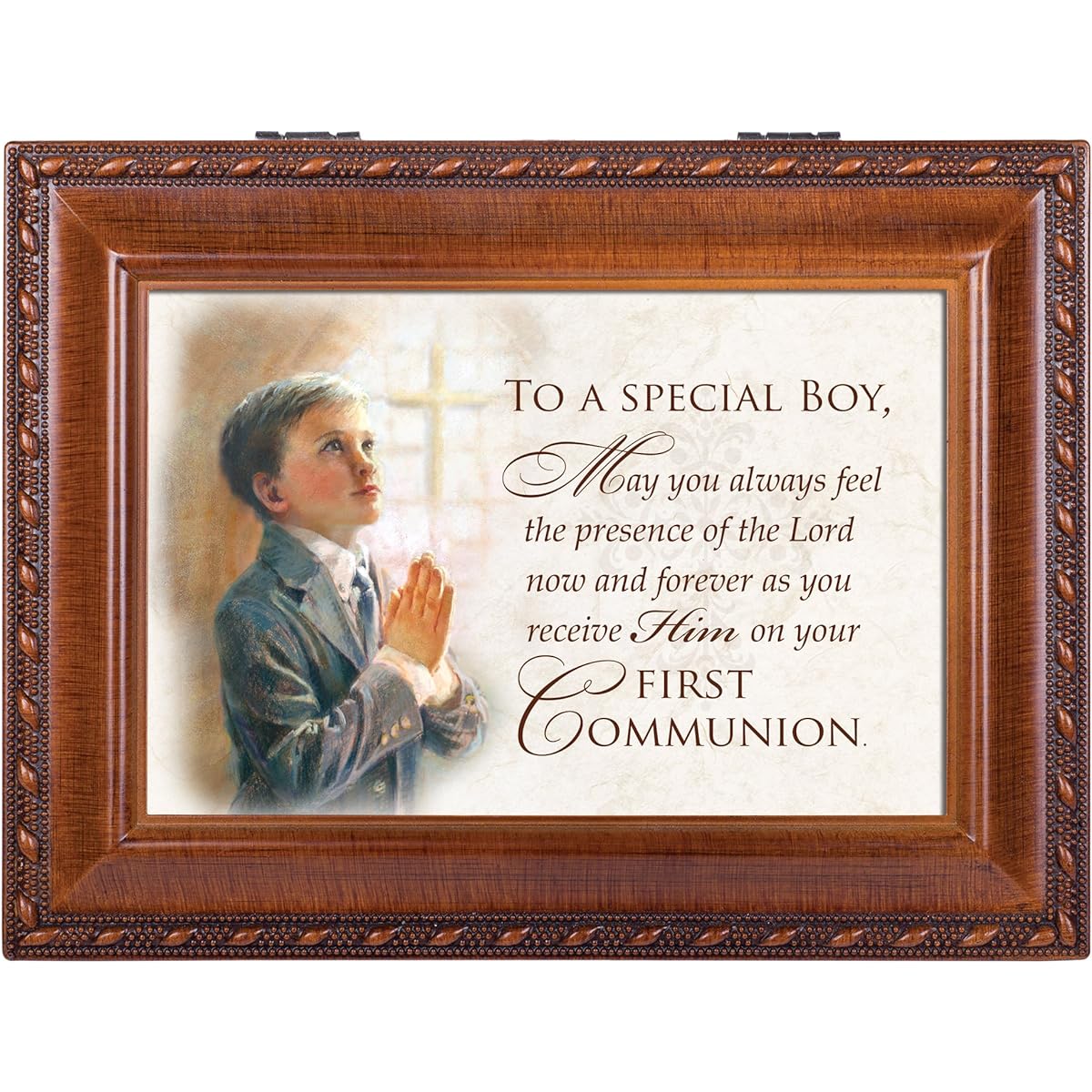 First Communion Special Boy Wood Finish Jewelry Music Box Plays We Have a Friend in Jesus