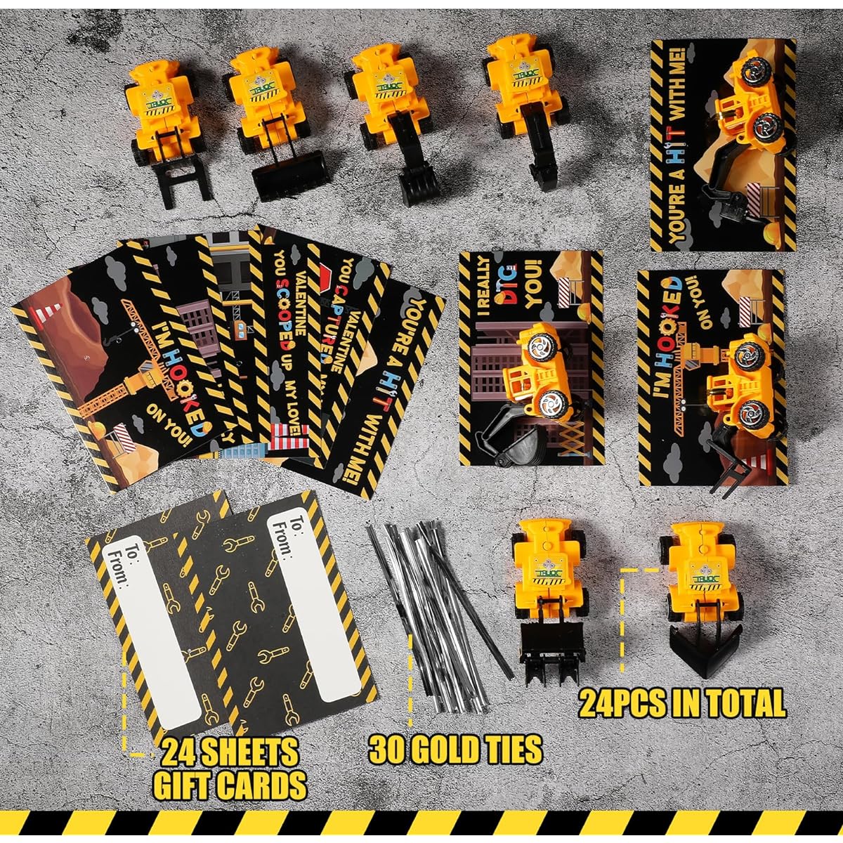 24 Sets Valentine's Day Cards with Construction Truck Toy Valentine Greeting Cards Vehicle Truck Toys Valentine Classroom Exchange Gift School Prizes for Kids Valentine Party Favors