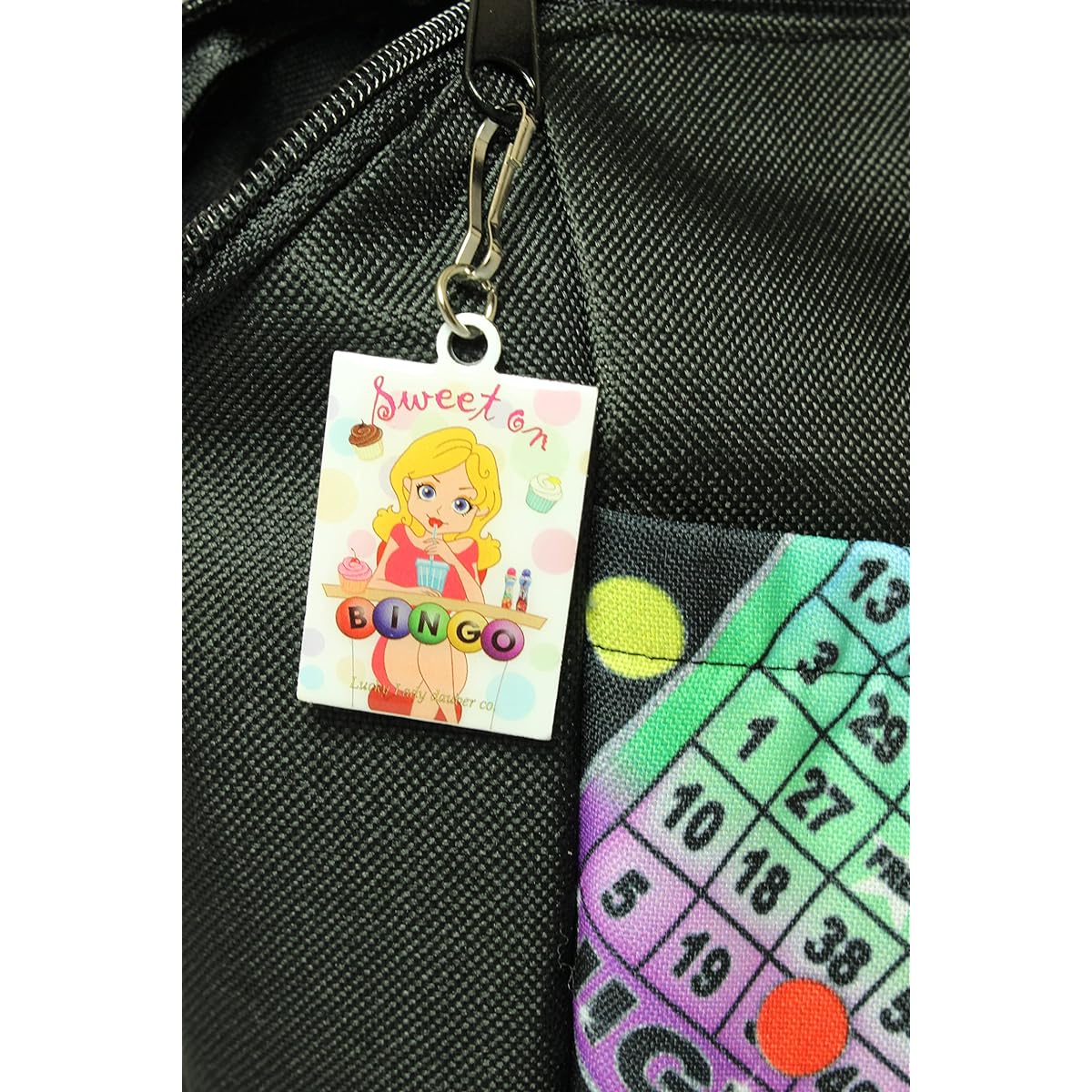 LUCKY LADY DAUBER CO Neon 6-Pocket Bingo Bag with Unique Sweet-on-Bingo Charm and Inner Liner, Black Neon