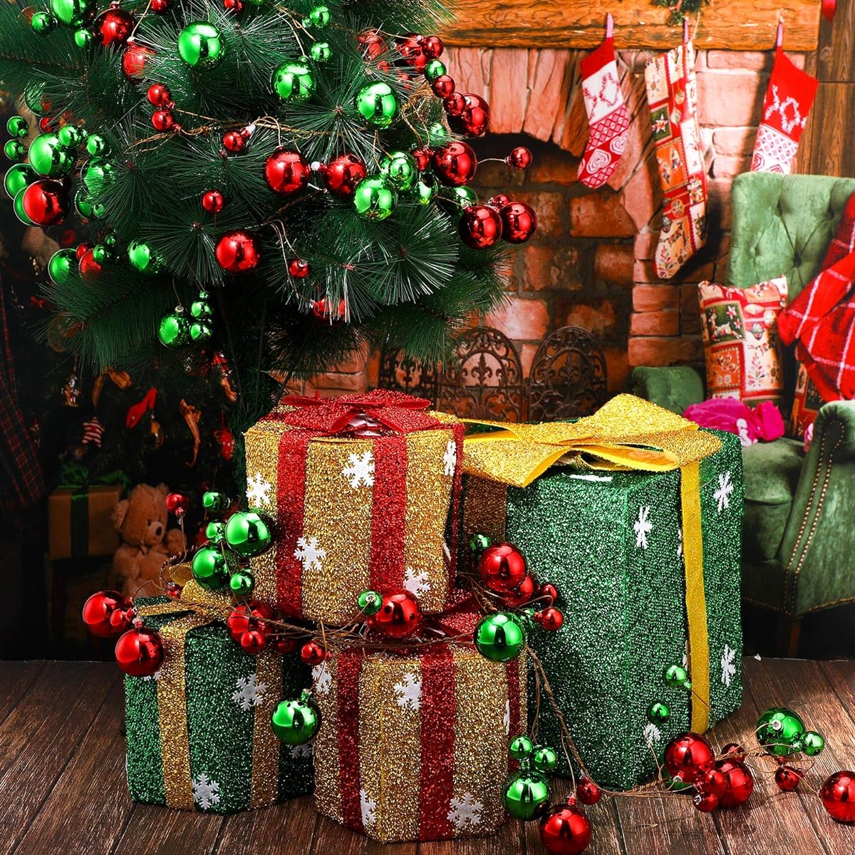 Syhood 9.8ft Christmas Ornament Balls Garland Ball Ornaments Christmas Tree Balls Hanging Balls for Christmas Holiday Wedding Party Decorations Red Green