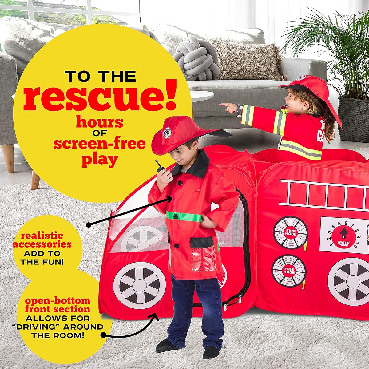 Fire Truck Pop Up Tent with Firefighter Costume Jacket & Hat Red Fire Engine Playhouse for Kids Toddlers Boys Indoor Outdoor Foldable Quick Setup Pretend Play Toy Gift