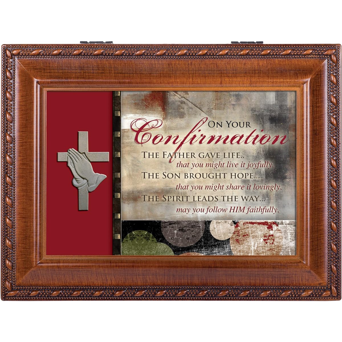Confirm Cottage Garden Wood Grain Finish Music Jewelry Box - Plays Song Great is Thy Faithfulness