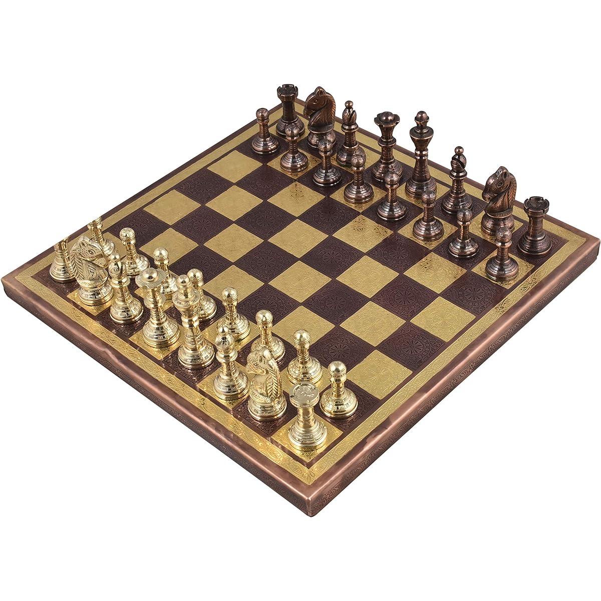 RoyalChessMall - Staunton Inspired Brass Metal Luxury Chess Pieces & Board Set - 12 - Copper & Gold