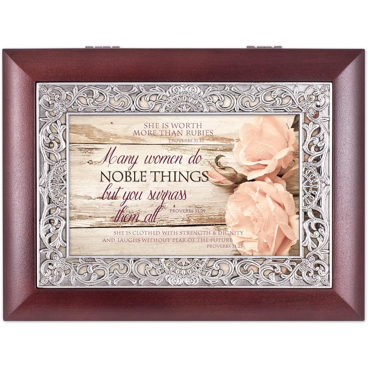 Proverbs 31 Woman Distressed Ornate Rosewood Jewelry Music Box Plays Wonderful World