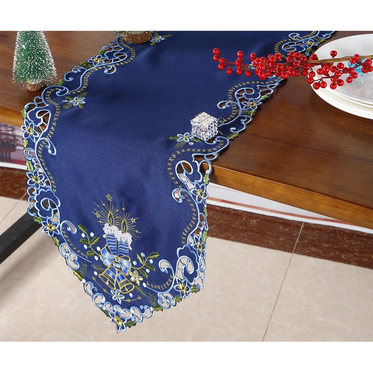 GRANDDECO Holiday Christmas Table Runner, Cutwork Embroidered Floral Christmas Santa Claus/Candles/Parrot Dresser Scarf Table Topper Home Dining Christmas Table Top Decor Runner 13"x36"