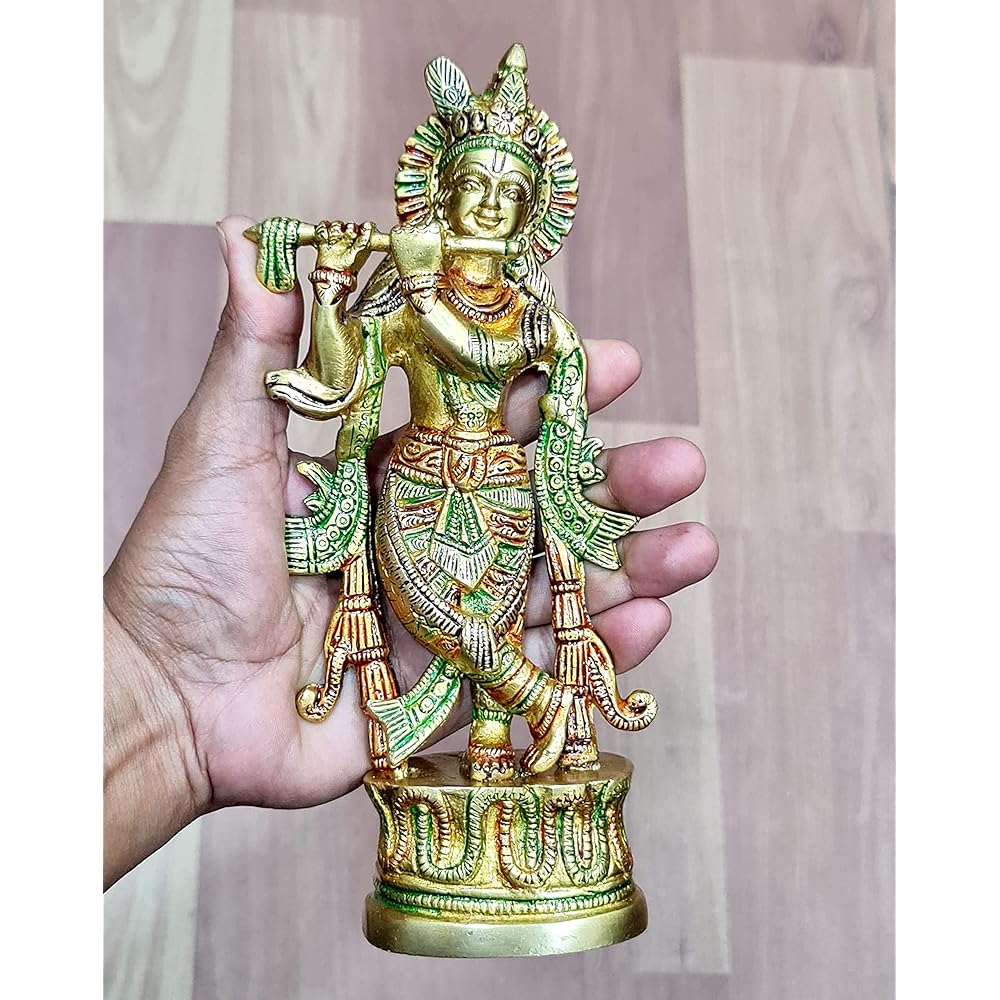 StonKraft - Krishna Kishan Ladhu Gopal Kanha Makhan Chor Murti Idol Statue Sculpture - Brass - 9" - Colored Krishna 9" Multicolor