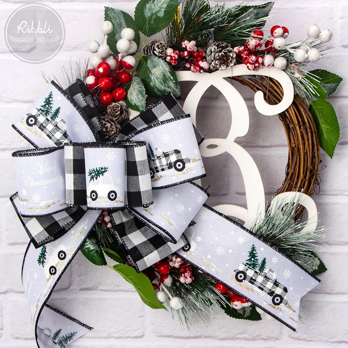 Ribli Christmas Burlap Wired Ribbon Christmas Truck & Black and White Buffalo Plaid 2-1/2" Total Christmas Bows Large Bow Christmas Ribbons for Christmas Tree Decorations
