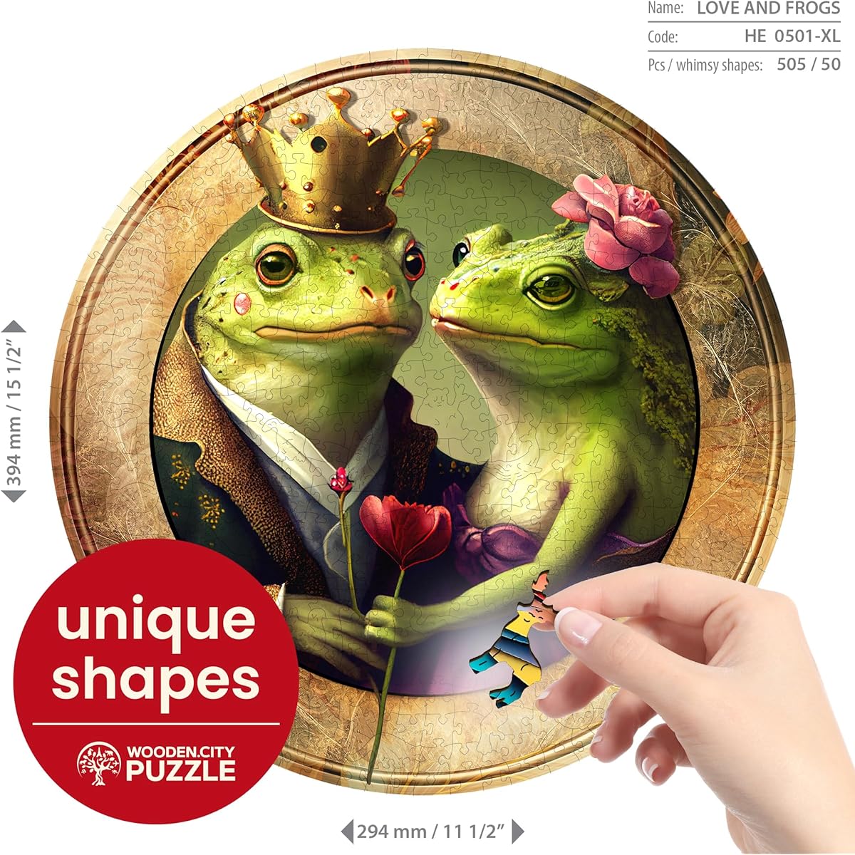 WOODEN.CITY Wooden Puzzle Love and the Frog 500 Pieces Unique Unusual Jigsaw Puzzle Animal Shape Pieces Challenging Wooden Mosaic Puzzle for Adults