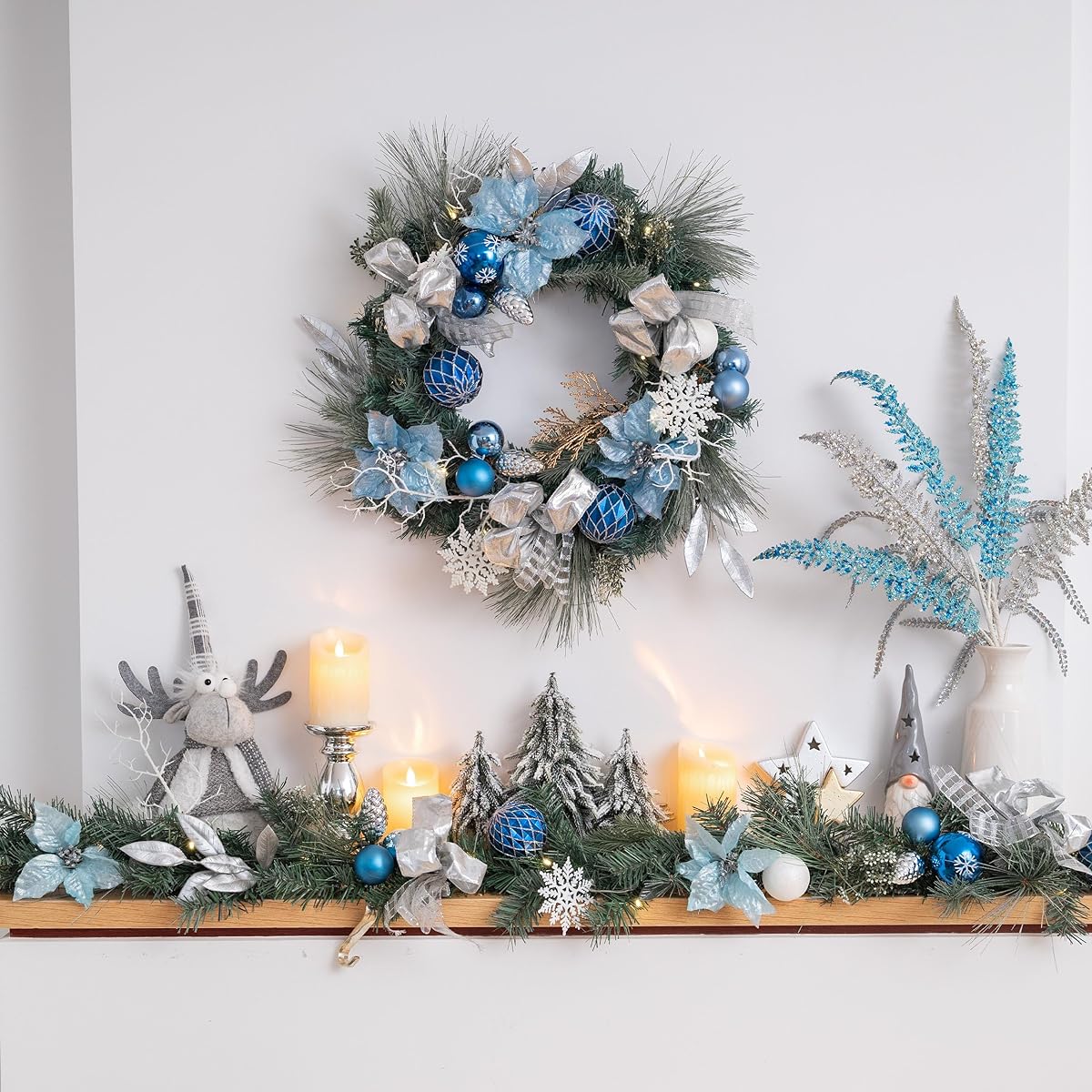 Valery Madelyn Pre-Lighted 6 ft Winter Wishes Silver Blue Christmas Garland with 20 LED Lights and Ball Ornaments for Front Door Window Fireplace Mantle Christmas Decorations Battery Operated