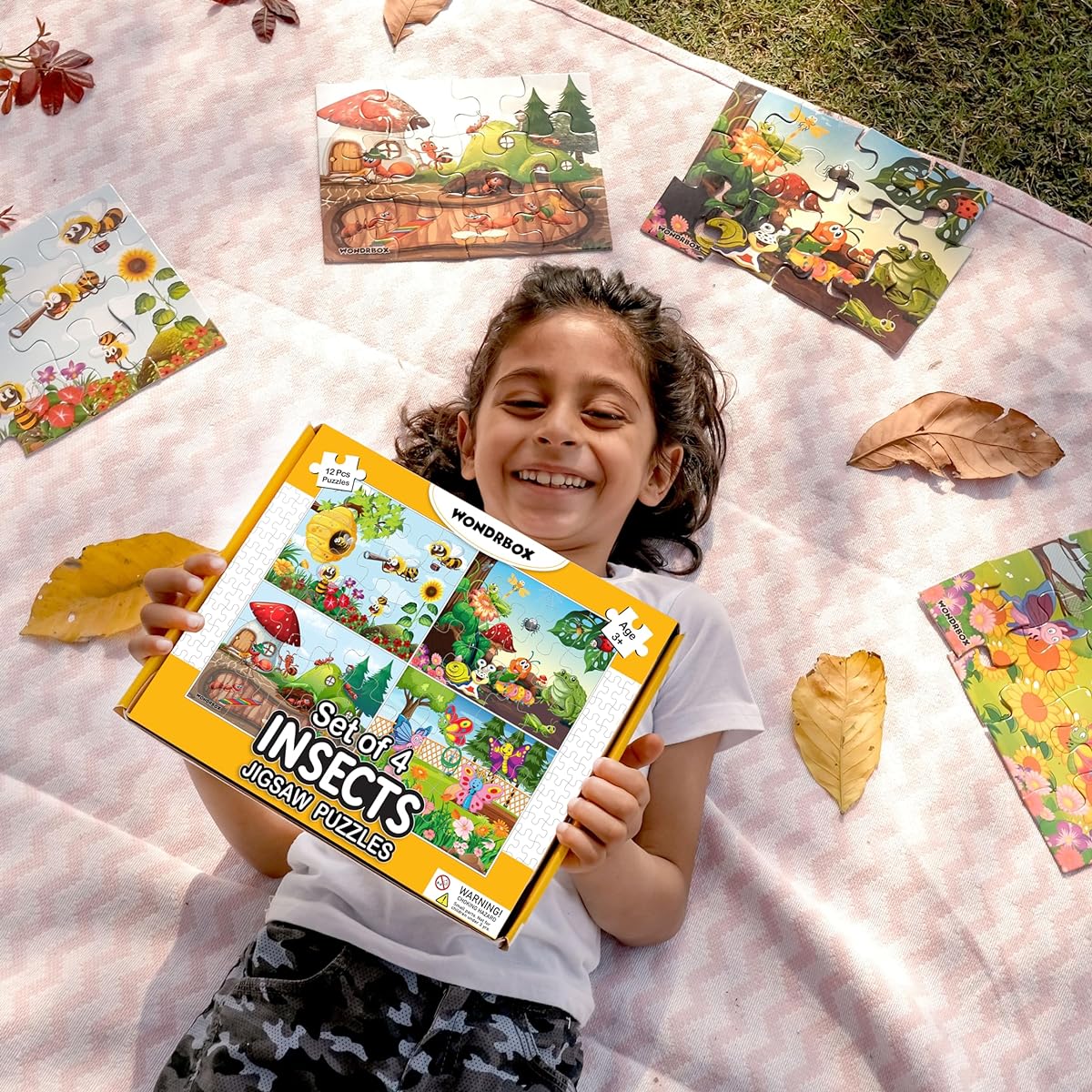 WONDRBOX Insect Jigsaw Puzzle for Kids Ages 3-5, Set of 4 (Multicolor, Size 10" x 8")