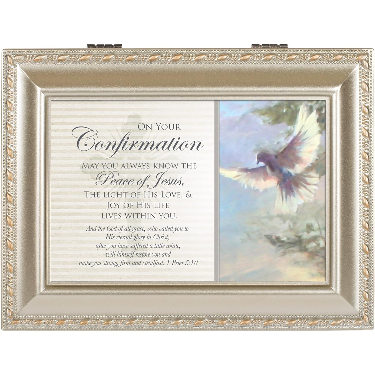 Jesus Affirms Peace Dove Champagne Silver Finish Music Jewelry Box Plays Amazing Grace