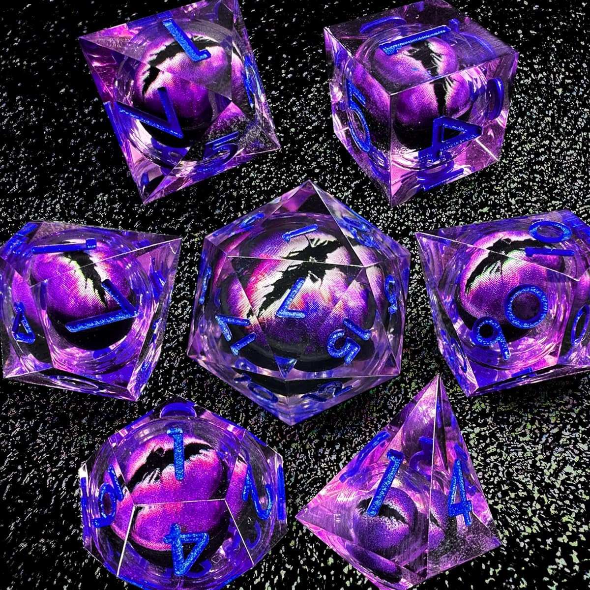 HAOMEJA Resin Dragon Eye DND Dice Set D&D 7 Pieces Resin Sharp Edge Liquid Core Role Playing Dice with Dragon Eye Bag Polyhedral Dungeons and Dragons Dice D20 D12 D10 D8 D6 D4 Purple & Eye Purple
