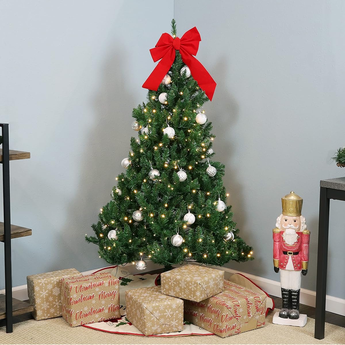 Sunnydaze 5ft No Lights Artificial Christmas Tree with Hinges - Faux Tannenbaum Tree with Metal Stand - Indoor Holiday Decorations - Easy Assembly 2 Piece Set - Green