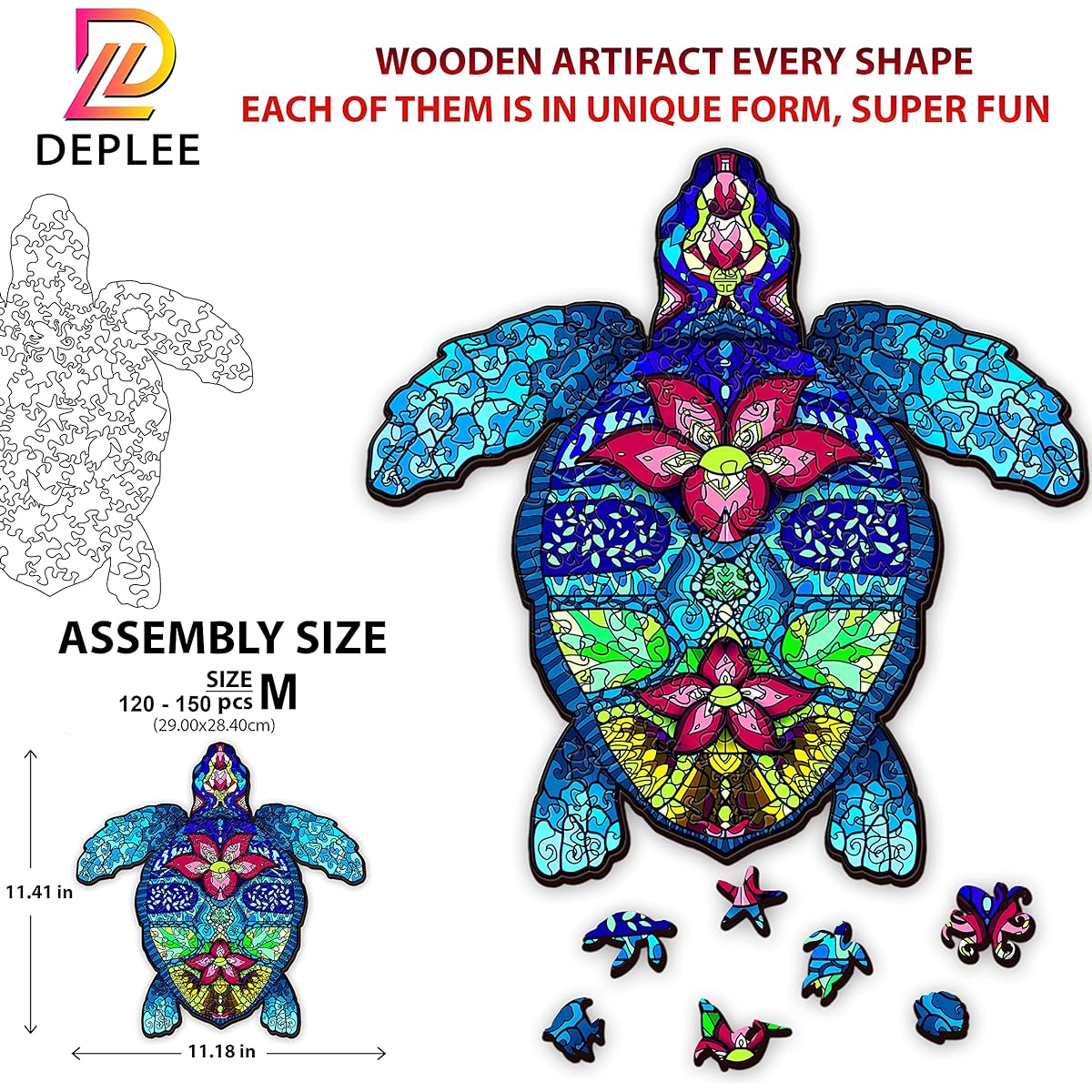 DEPLEE Wooden Jigsaw Puzzle with Turtle Artwork Animal Unique Shape Jigsaw Perfect Puzzle Game for Adults/Kids/Family/Friends 130 Pieces 11.33" x 10.2" (28.8 x 25.93 cm) Small Size