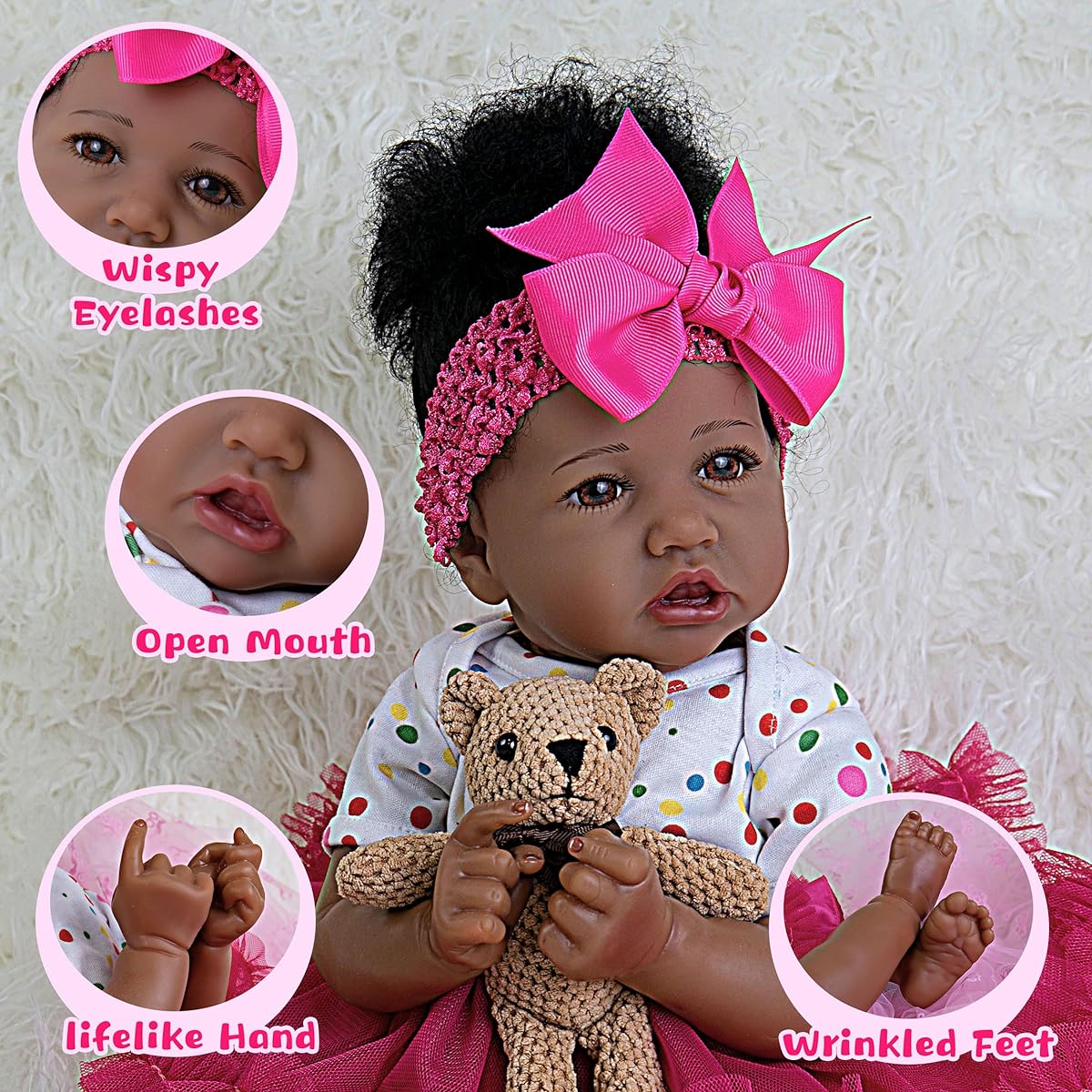 EKOKIZ Reborn Baby Doll Girls 20 Inch Soft Skin Realistic Baby Doll Cloth Body African American Realistic Girl Doll Newborn Doll Real Fake Baby Doll Best Toy For Ages 3+