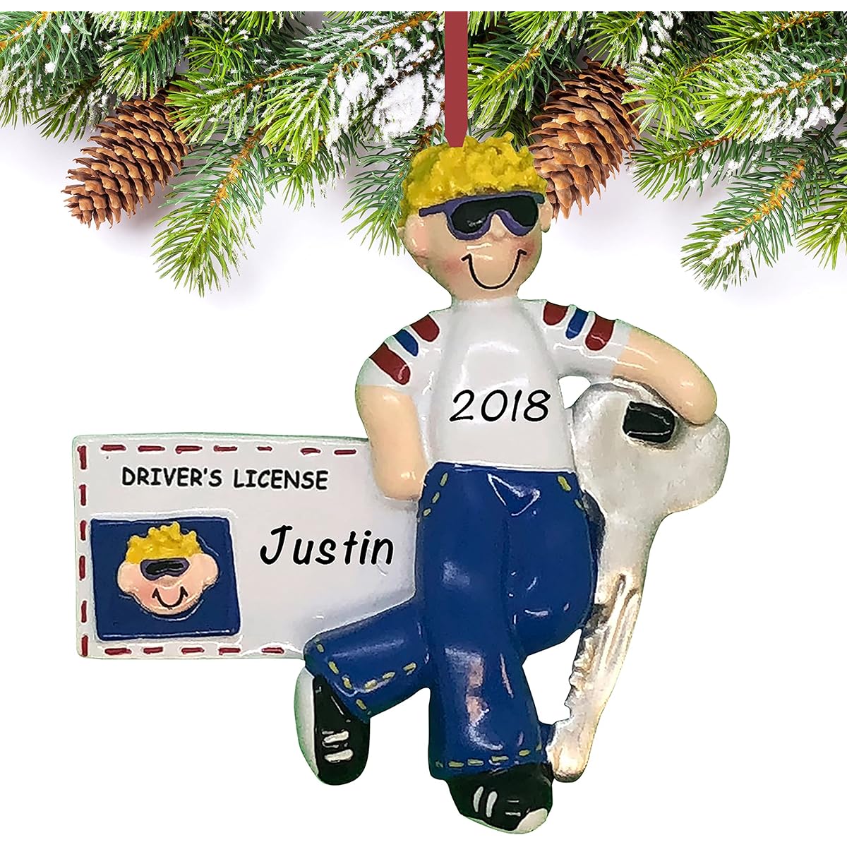 New Driver Ornament with Name 2021 Blonde Boy Polyresin Driver License Ornament Car Ornament for Christmas Tree Cool Driver Gifts for Teen Boys Driver Permit Ornament