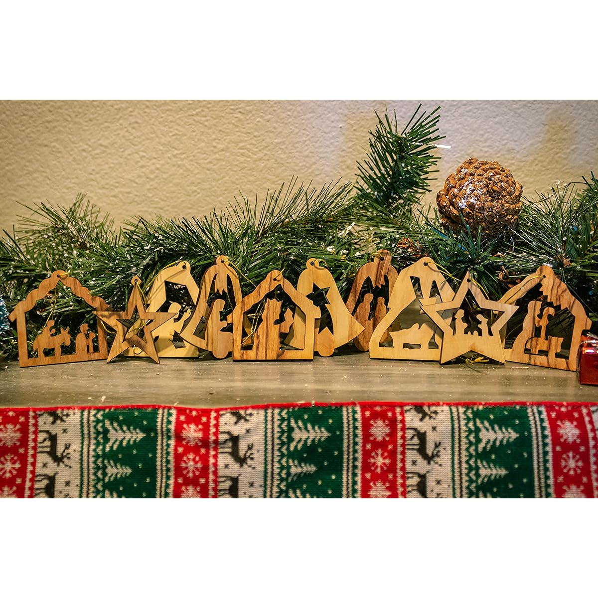 Set of 10 Wooden Christmas Ornaments from Israel - Holy Land Olive Wood Rustic Hanging Decorations Christmas Tree - Package of Small Religious Seasonal Decorations - Mini Christian Holiday Ornaments