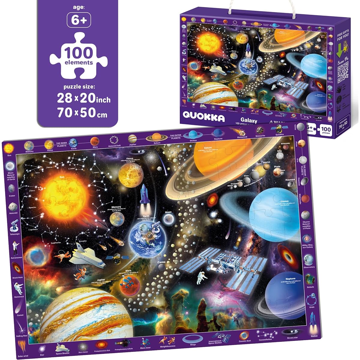 QUOKKA 100 Piece Jigsaw Puzzle for 4-8 Year Olds - Large Floor Puzzle for Toddlers Ages 3-5 - World Map & Solar System Learning Toy - Gifts for Boys & Girls Ages 6-8-10 100