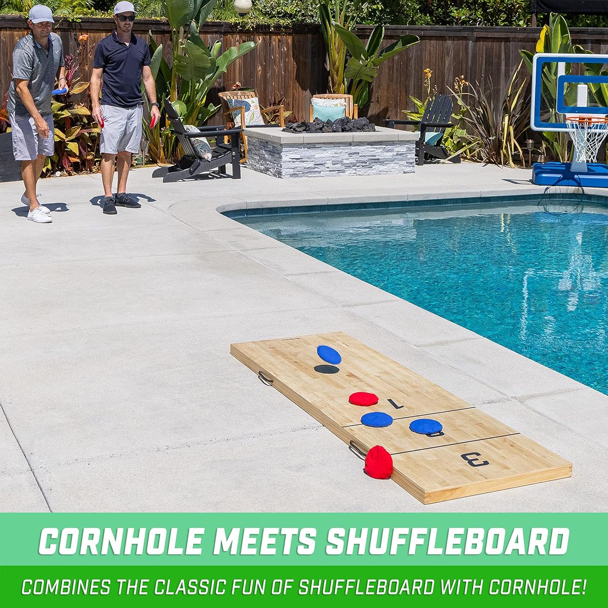GoSports Tossski Shuffleboard Cornhole Game Set - Portable 6' x 2' Wooden Game Board with 8 Bean Bags for Backyard Fun and Tailgating
