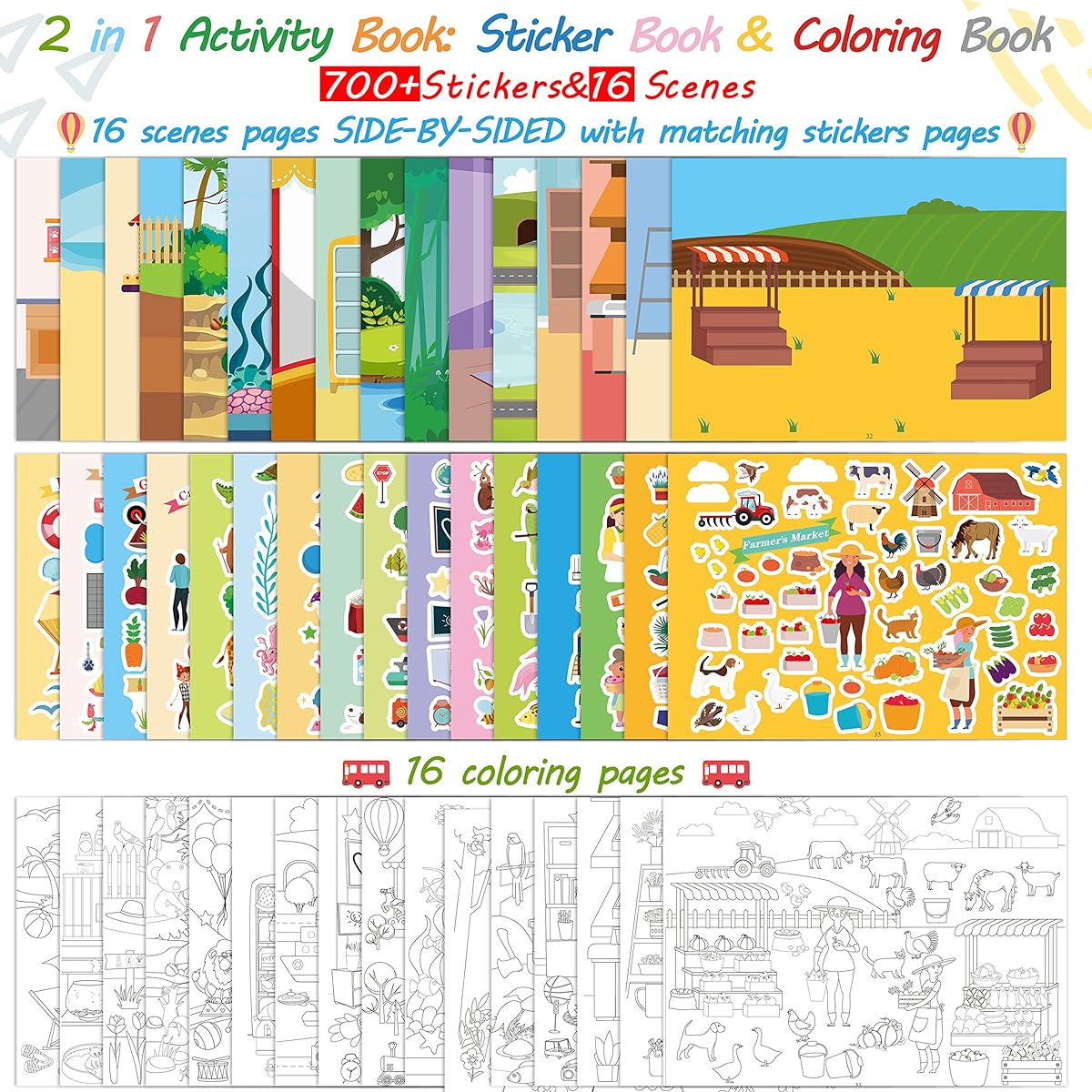 Sticker Coloring Book for Kids: 700+ Stickers & 16 Scenes - Activity Travel Toys for Toddlers Ages 2-4, 4-8, 8-10